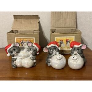 Vintage 1986 House of Lloyd X-mas Mice Napkin Holder, Salt & Pepper Set With Box